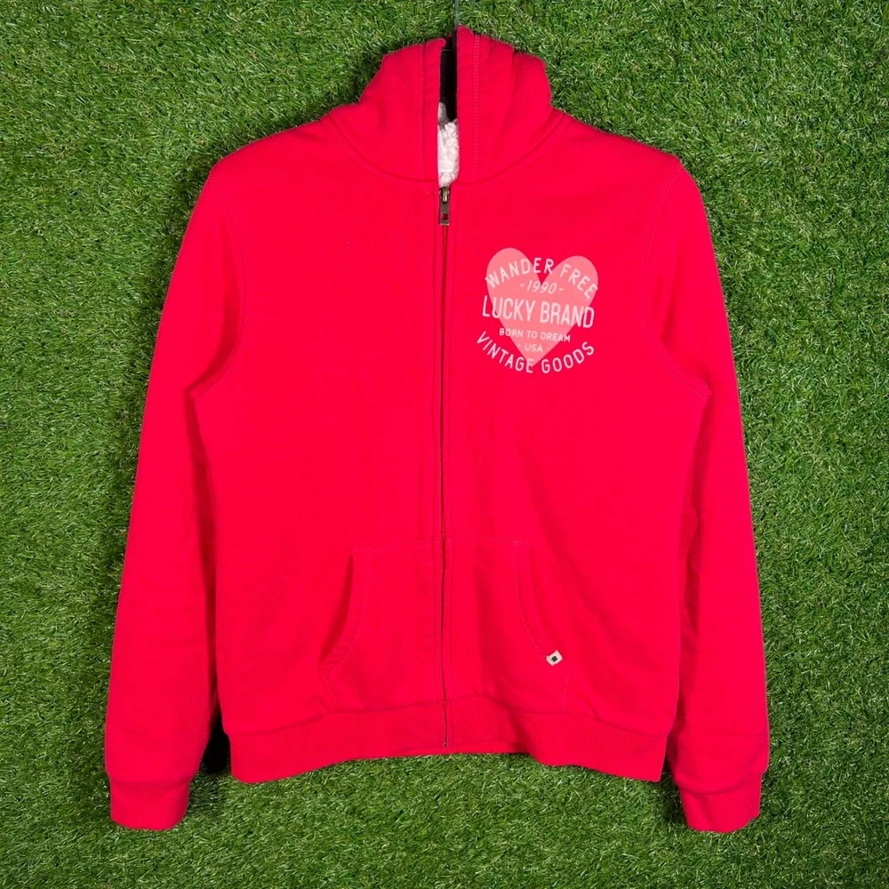 Lucky‎ Brand Girls Red Sherpa Lined Full Zip Hoodie Heart Graphic Size L 14/16